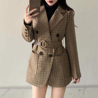 Double Breast Plaid Coat As Shown In Figure - One Size