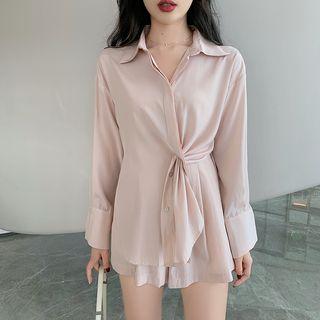 Set: Long-sleeve Blouse + High-waist Wide-leg Shorts