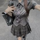 Short-sleeve Logo Crop Shirt / Plaid Pleated Mini A-line Skirt