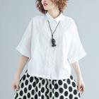 Set: 3/4-sleeve Shirt + Dotted Wide-leg Pants Shirt - White - One Size / Pants - Dotted - Black & White - One Size