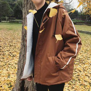 Contrast Trim Fleece-lined Hooded Zip Jacket
