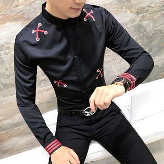 Long-sleeve Contrast-stripe Printed Shirt