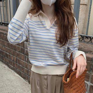 Long Sleeve Striped Polo Neck Knit Top Stripe - Blue - One Size