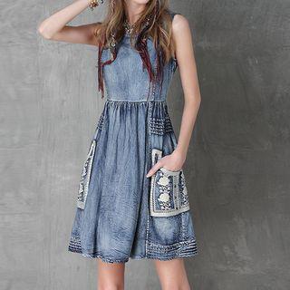 Embroidered Pocket Sleeveless A-line Denim Dress