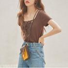 Short-sleeve Square Neck Lace-up Knit Top