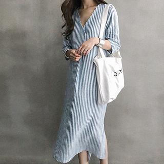 Deep V-neck Stripe Linen Maxi Shift Dress