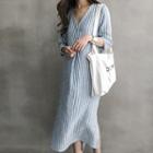 Deep V-neck Stripe Linen Maxi Shift Dress