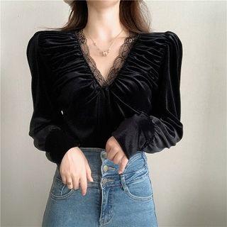 Plain V-neck Lace-trim Velvet Long-sleeve Blouse Black - One Size
