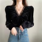Plain V-neck Lace-trim Velvet Long-sleeve Blouse Black - One Size