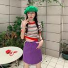 Short-sleeve Striped Crop Knit Top Red & Green & White - One Size