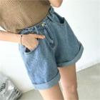 Buttoned Washed Wide-leg Denim Shorts