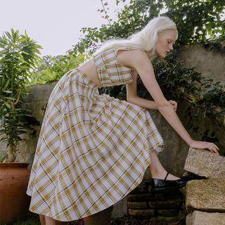 Set: Plaid Crop Camisole Top + Midi A-line Skirt