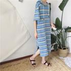 Color-block Striped Loose-fit Short-sleeve Hooded Dress