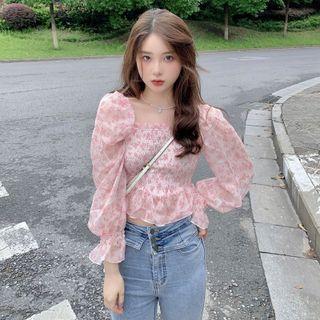Puff-sleeve Floral Print Smocked Blouse Pink Floral - White - One Size