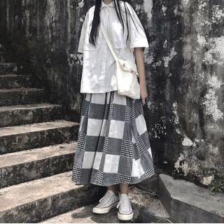 Short-sleeve Plain Shirt / High-waist Plaid Skirt