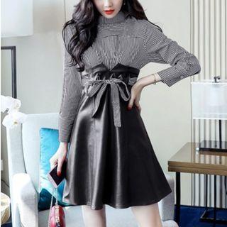 Mock Two-piece Long-sleeve Pinstriped Panel Mini A-line Dress
