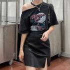 Short-sleeve Print T-shirt / High Waist Slit Pencil Skirt