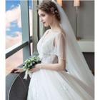 Open Back Elbow Sleeve Wedding Ball Gown With Train