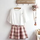 Set: Short-sleeve Cartoon Print T-shirt + Plaid A-line Mini Skirt