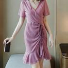 V-neck Short-sleeve Ruffle Hem Mini A-line Dress