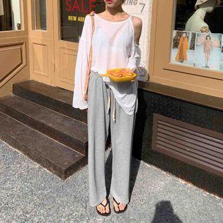 Set: Long-sleeve Cold-shoulder T-shirt + Wide Leg Pants