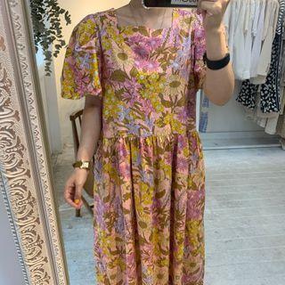 Flower Print Short-sleeve Maxi Shift Dress Flower - One Size