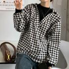 Mock Two-piece Semi High-neck Houndstooth Long-sleeve Top Black & White - One Size