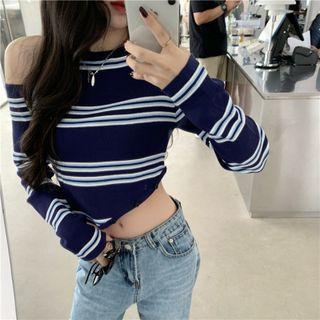 Long-sleeve Striped Asymmetrical Cutout Cropped T-shirt Blue - One Size