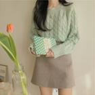 Crew-neck Cable Knit Sweater / High Waist A-line Skirt
