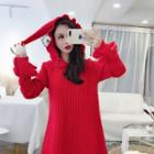 Pom Pom Hooded Long Sweater Red - One Size