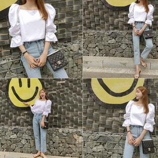 Off-shoulder Beribboned Balloon-sleeve Top