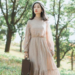 Long-sleeve Mock Collar Midi A-line Lace Dress