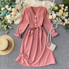 V-neck Long-sleeve Tie-waist A-line Dress