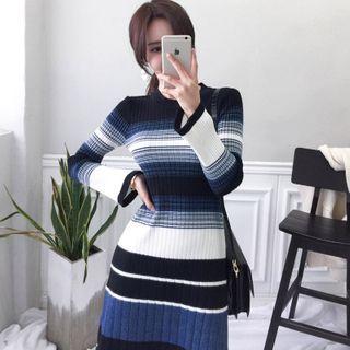 Long-sleeve Striped Midi A-line Knit Dress Stripes - Black & White & Blue - One Size