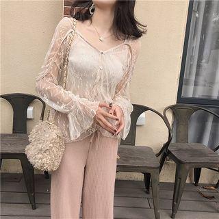 Rib-knit Wide-leg Pants / Set: Lace Shirt + Camisole Top