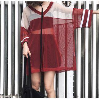 Color Block Mesh V-neck Long-sleeve T-shirt