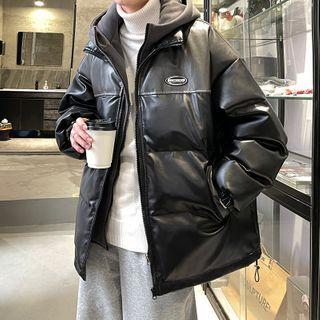 Faux-leather Panel Inset Hooded Zip Jacket