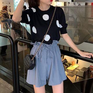 Dot Print Short Sleeve Knit Top / Paperbag Waist Shorts