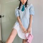 Set: Puff-sleeve Ruffled Shirt + Neck Tie