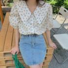Short-sleeve Wide Collar Floral Print Blouse Almond - One Size