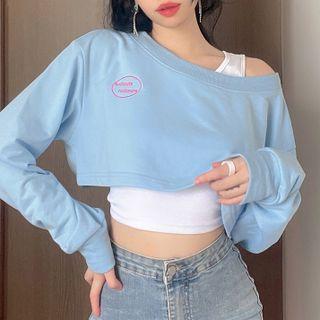 Set: Letter Embroidered Cropped Sweatshirt + Crop Tank Top