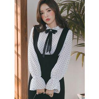 Flounced Polka-dot Blouse With Brooch