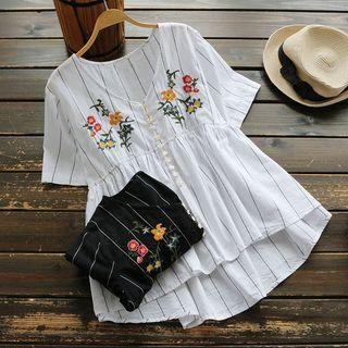 Short-sleeve Embroidered Striped Top