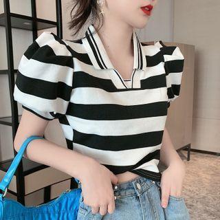 Puff-sleeve Striped Short-sleeve T-shirt Black & White - One Size