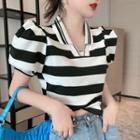 Puff-sleeve Striped Short-sleeve T-shirt Black & White - One Size