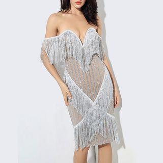 Off-shoulder Fringe Sheath Dress