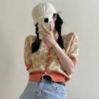 Short-sleeve V-neck Floral Print Cropped Knit Cardigan Tangerine - One Size