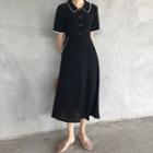 Collared Short-sleeve Midi Dress Black - One Size