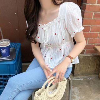Floral Embroidered Short-sleeve Peplum Blouse