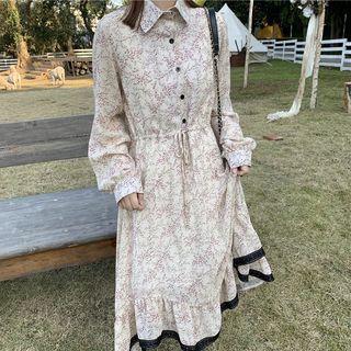Balloon-sleeve Floral Print Midi A-line Shirtdress